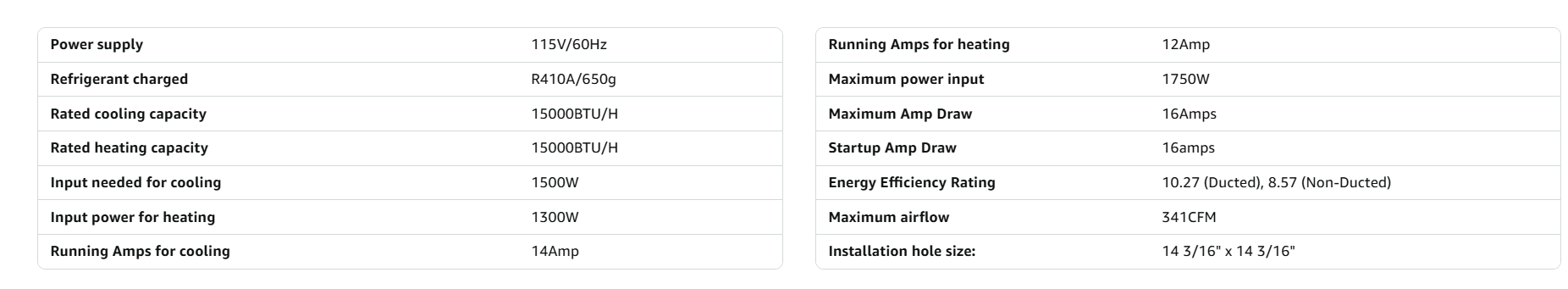 RecPro RV air conditioner specification table showing power cooling heating and airflow details
