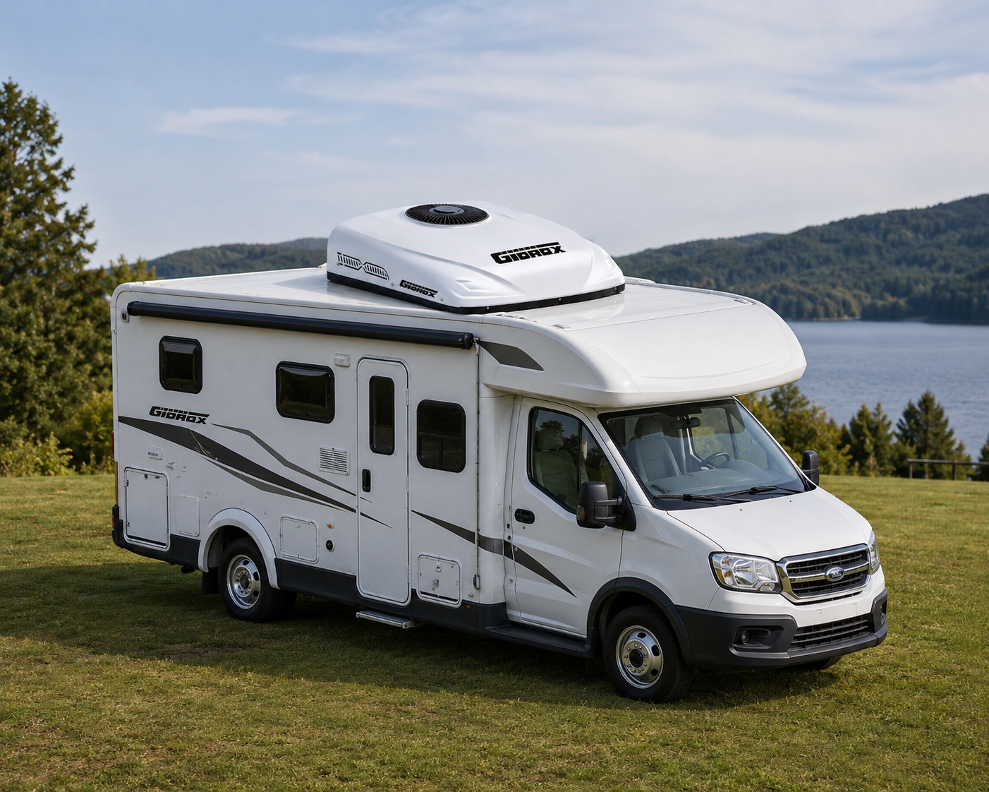 Gidrox 10000 BTU RV Air Conditioner with Heater installed on travel trailer roof