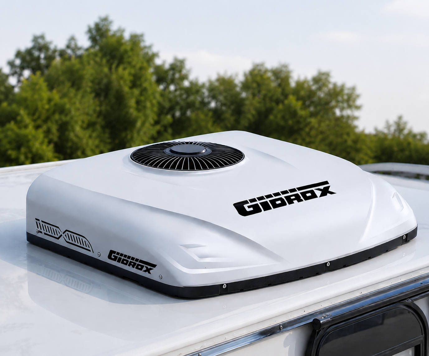 Gidrox 10000 BTU RV Air Conditioner with Heater installed on travel trailer roof