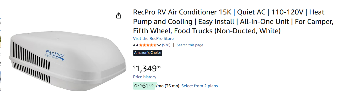 RecPro RV Air Conditioner 15K Amazon product listing screenshot