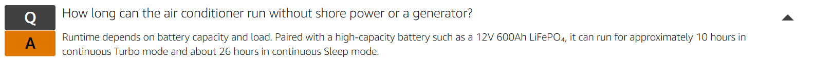 Gidrox FAQ showing estimated runtime with a 12V 600Ah LiFePO4 battery