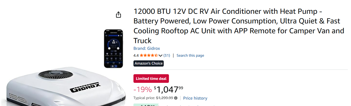 Gidrox 12V DC RV air conditioner Amazon listing screenshot