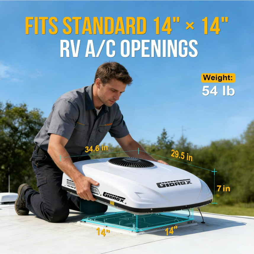 Gidrox rooftop unit size weight and standard 14 by 14 RV opening details