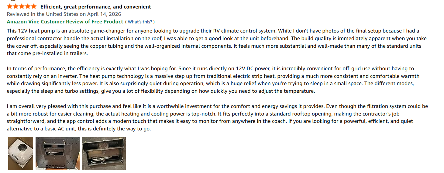 Owner review describing Gidrox 12V heat pump build quality and performance