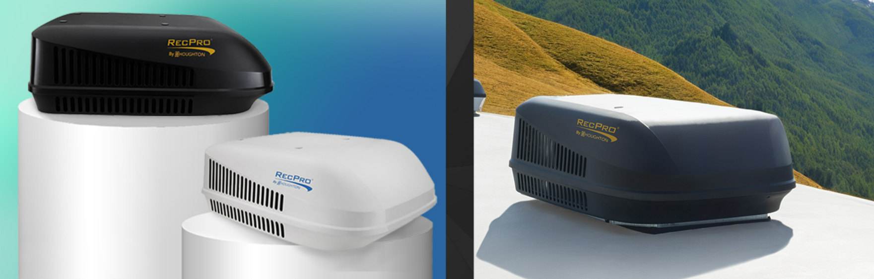 RecPro RV air conditioner shown in black and white exterior options