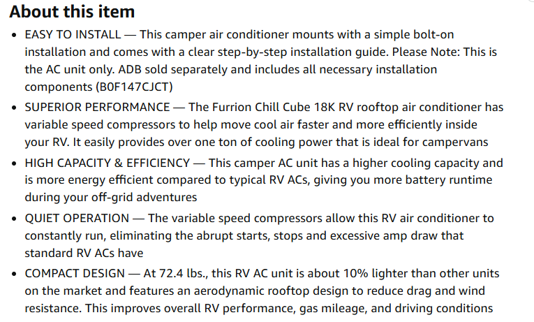Furrion Chill Cube listing notes about installation performance efficiency and quiet operation