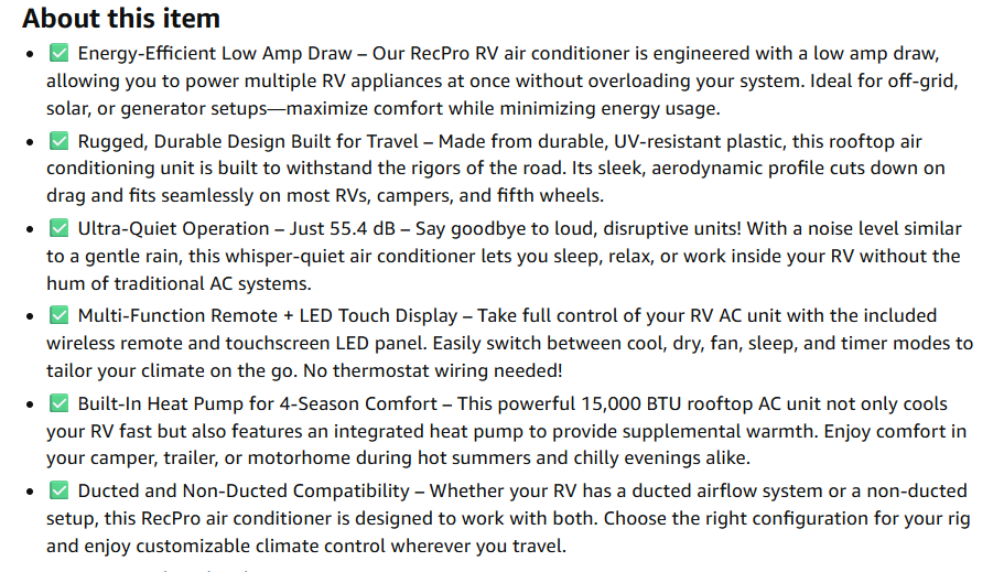 RecPro about this item section listing low amp draw quiet operation remote and heat pump features