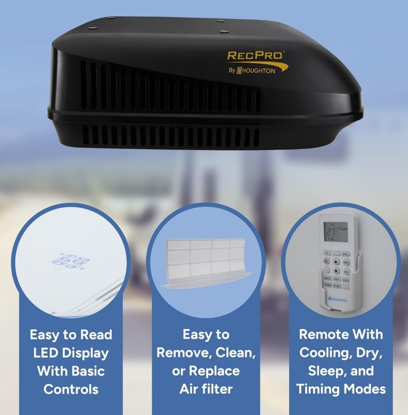 RecPro RV air conditioner features with LED display removable filter and remote modes