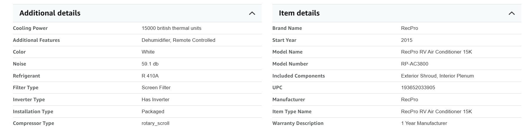 RecPro product information table showing cooling power noise refrigerant and item details