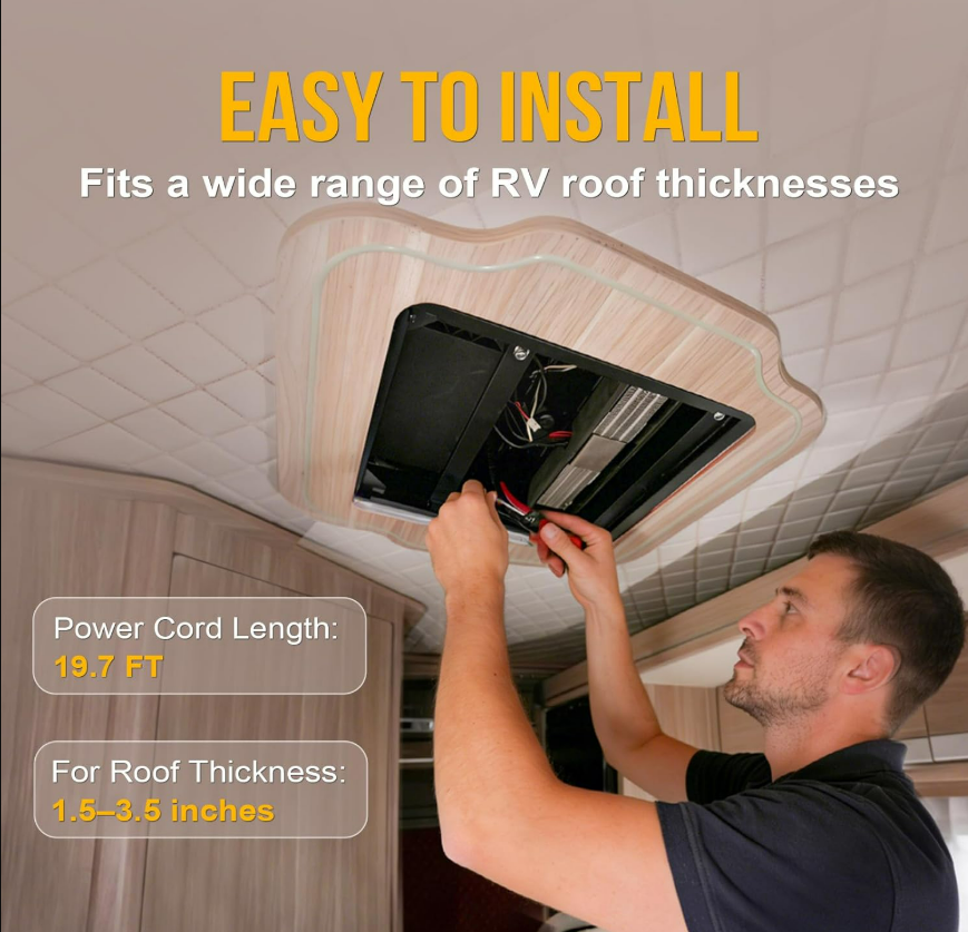 Gidrox 12V DC RV air conditioner installation with roof thickness and power cord details