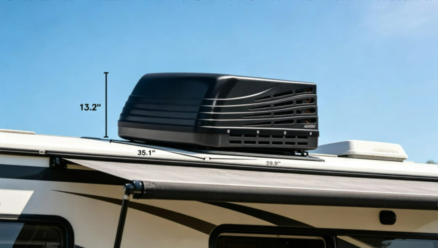 ASA Electronics ACM150B Advent Air 15000 BTU RV Air Conditioner in black mounted on rooftop