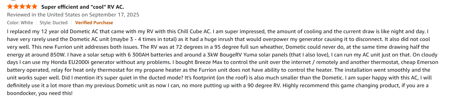 Owner feedback about full sun cooling and efficient current draw